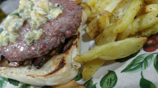 Stilton and Sauteed Mushroom Burger with Truffle Garlic Fries