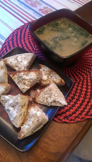 Couscous and Spinach Chicken Soup with Rosemary-Chevre Ciabatta Toast Points